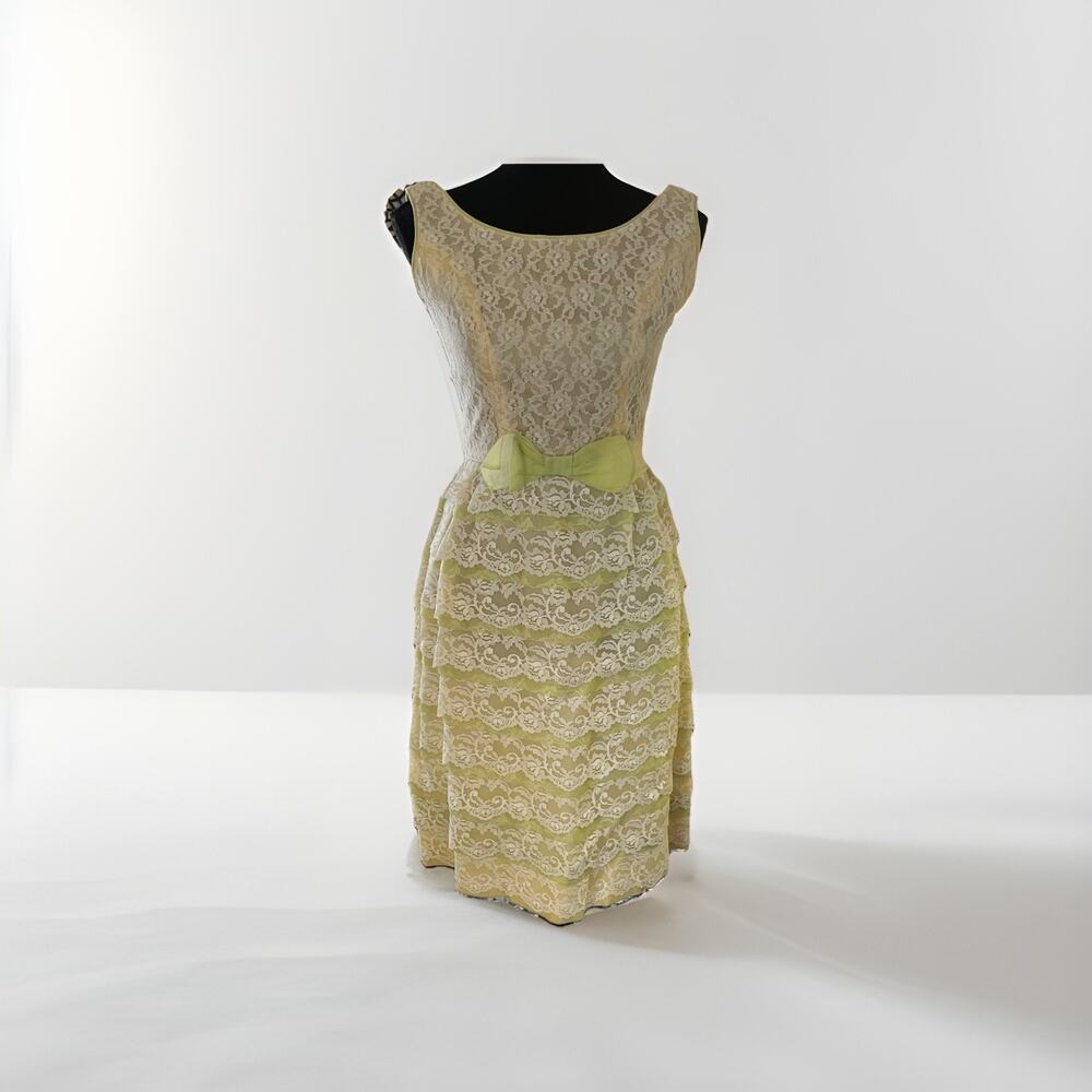 Late 60s Early 70s Green Yellow And White Lace Wiggle Sheath Dress
